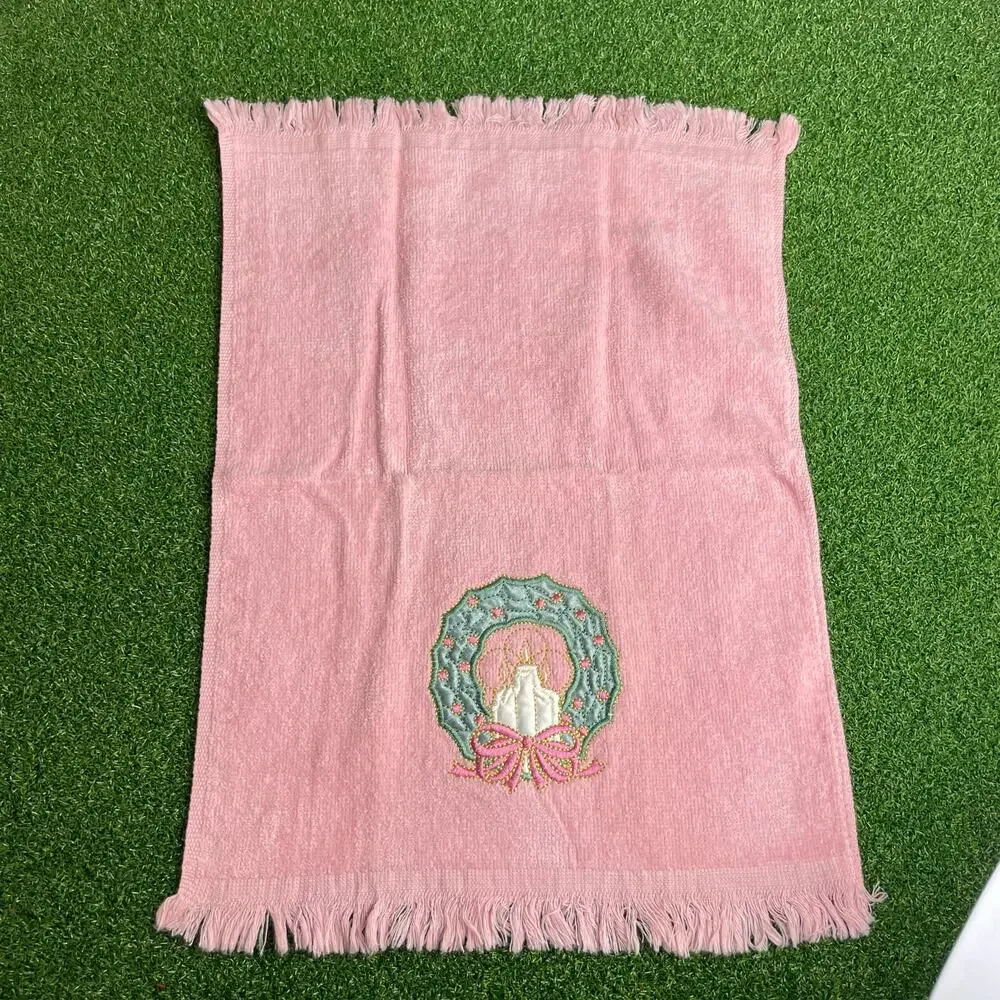 Vintage Pink Holiday Fingertip Towels Lot Embroidered Christmas Wreath and Tree